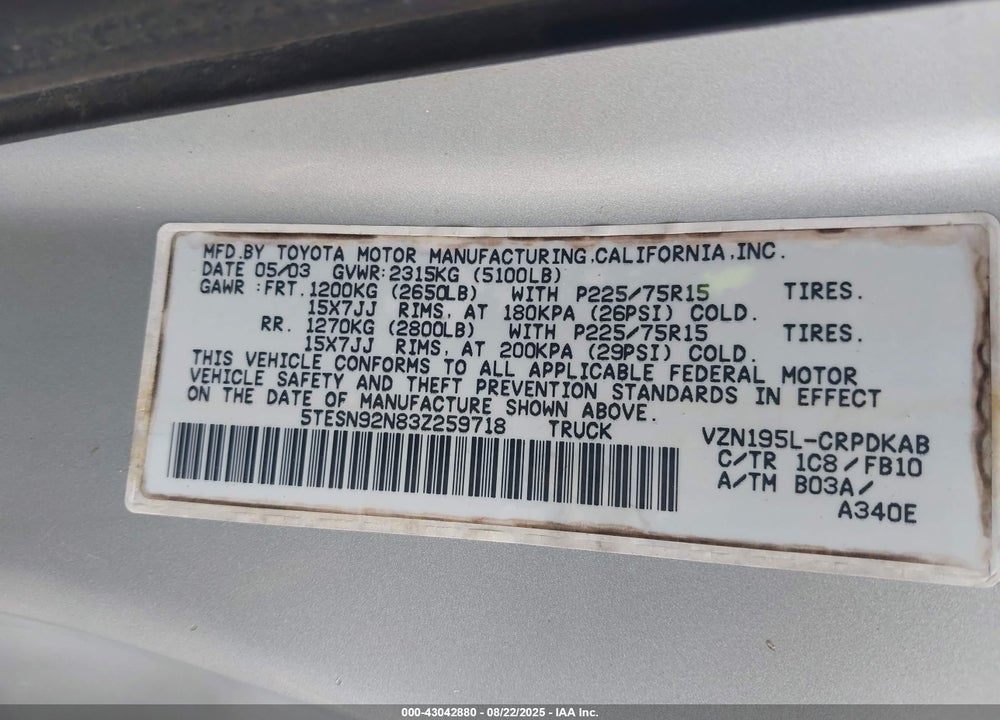 2003 TOYOTA TACOMA PRERUNNER V6 VIN: 5TESN92N83Z259718