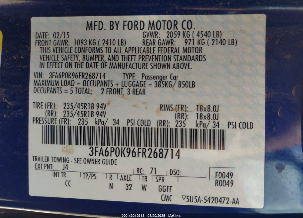 2015 FORD FUSION VIN: 3FA6P0K96FR268714