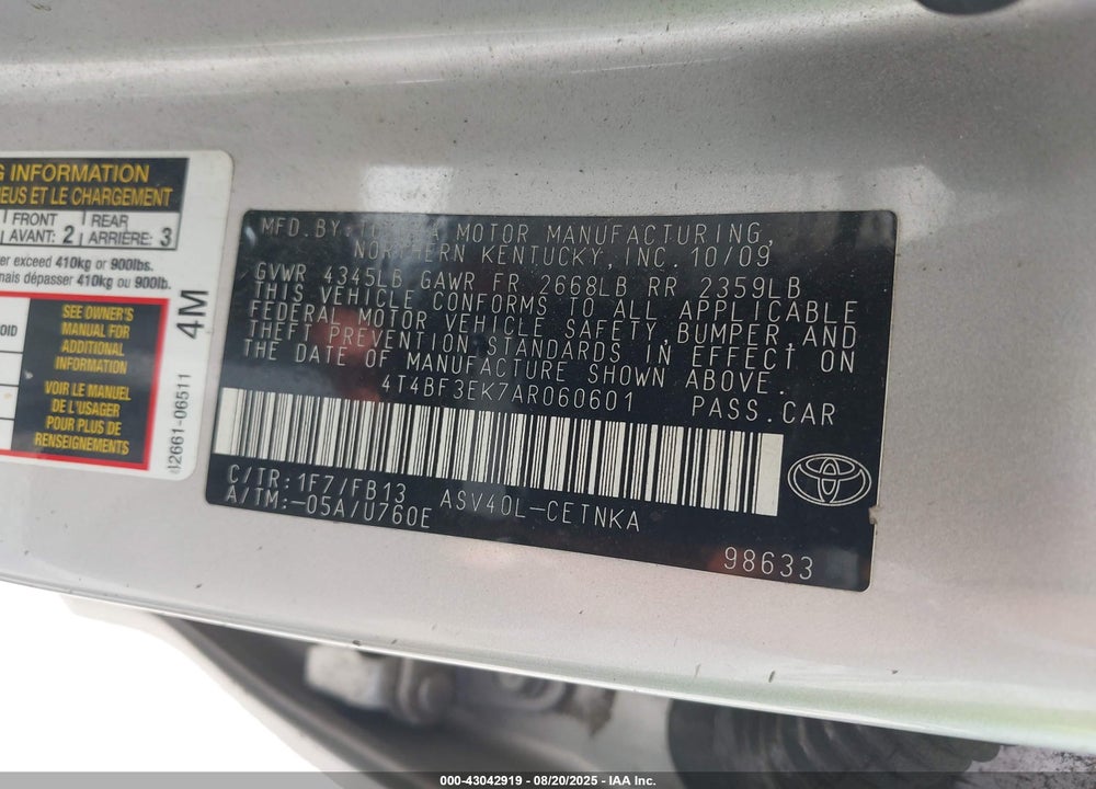 2010 TOYOTA CAMRY VIN: 4T4BF3EK7AR060601
