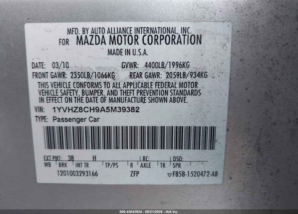 2010 MAZDA 6 VIN: 1YVHZ8CH9A5M39382