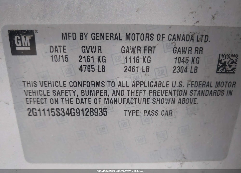 2016 CHEVROLET IMPALA 2LT VIN: 2G1115S34G9128935