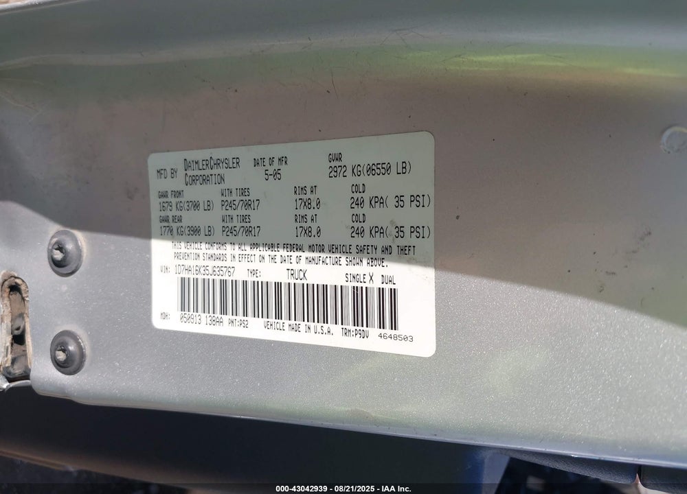 2005 DODGE RAM 1500 ST VIN: 1D7HA16K35J635767