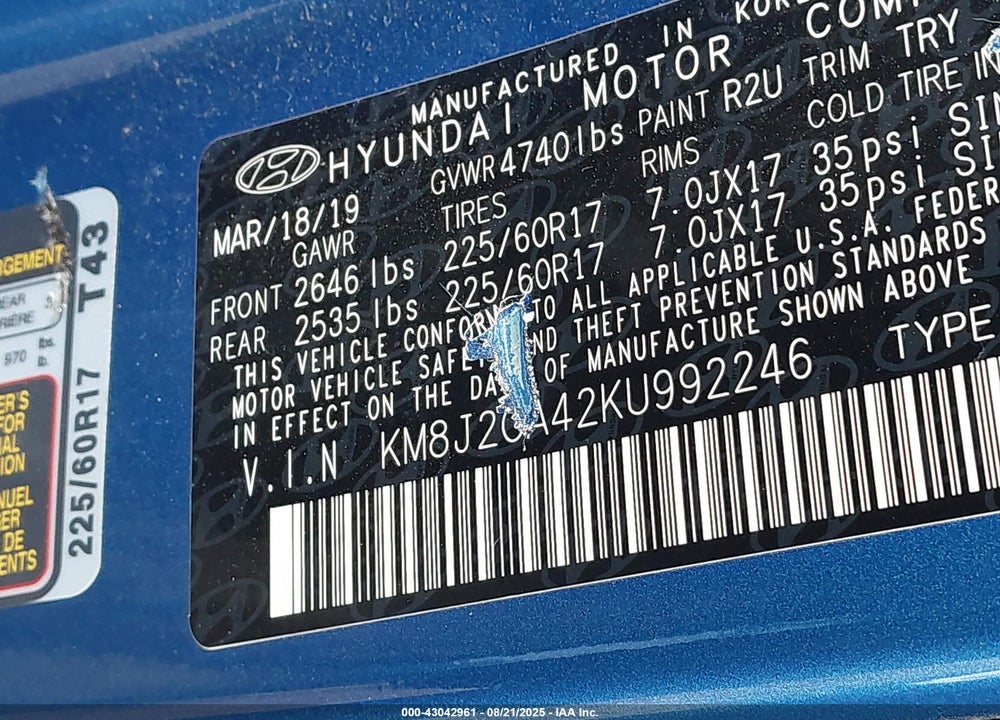 2019 HYUNDAI TUCSON VIN: KM8J2CA42KU992246