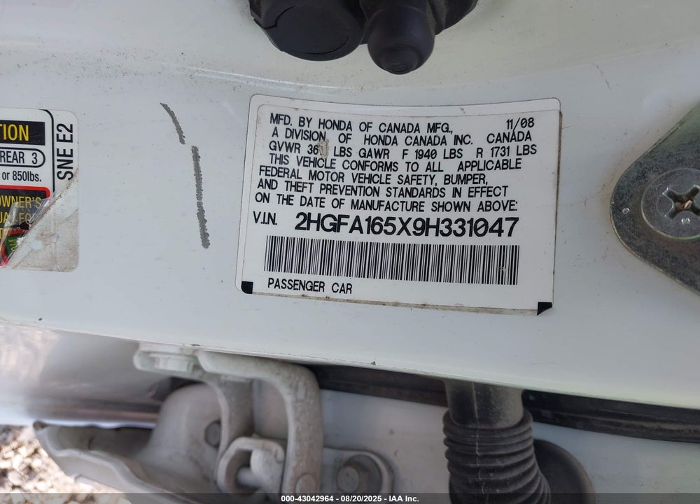 2009 HONDA CIVIC VIN: 2HGFA165X9H331047