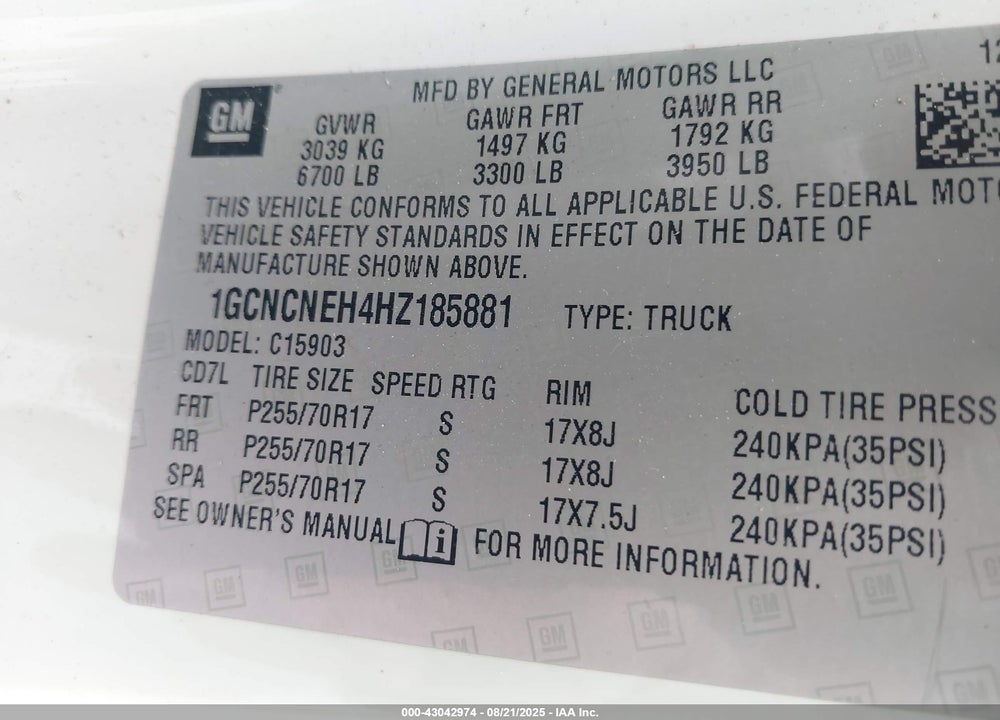 2017 CHEVROLET SILVERADO 1500 VIN: 1GCNCNEH4HZ185881