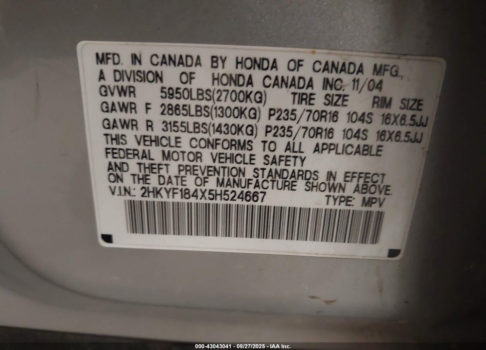 2005 HONDA PILOT EX VIN: 2HKYF184X5H524667