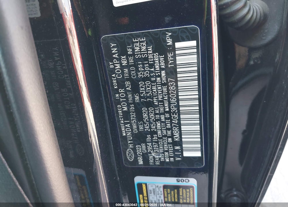 2023 HYUNDAI PALISADE VIN: KM8R74GE3PU602837