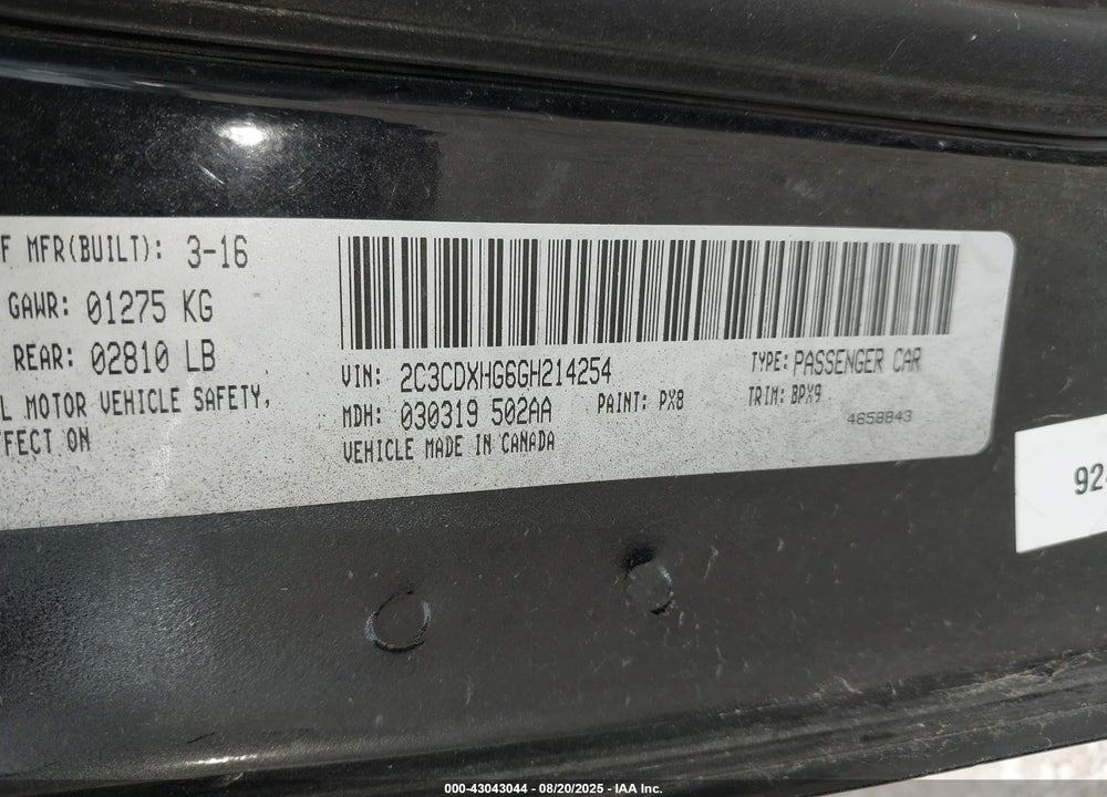 2016 DODGE CHARGER SXT VIN: 2C3CDXHG6GH214254