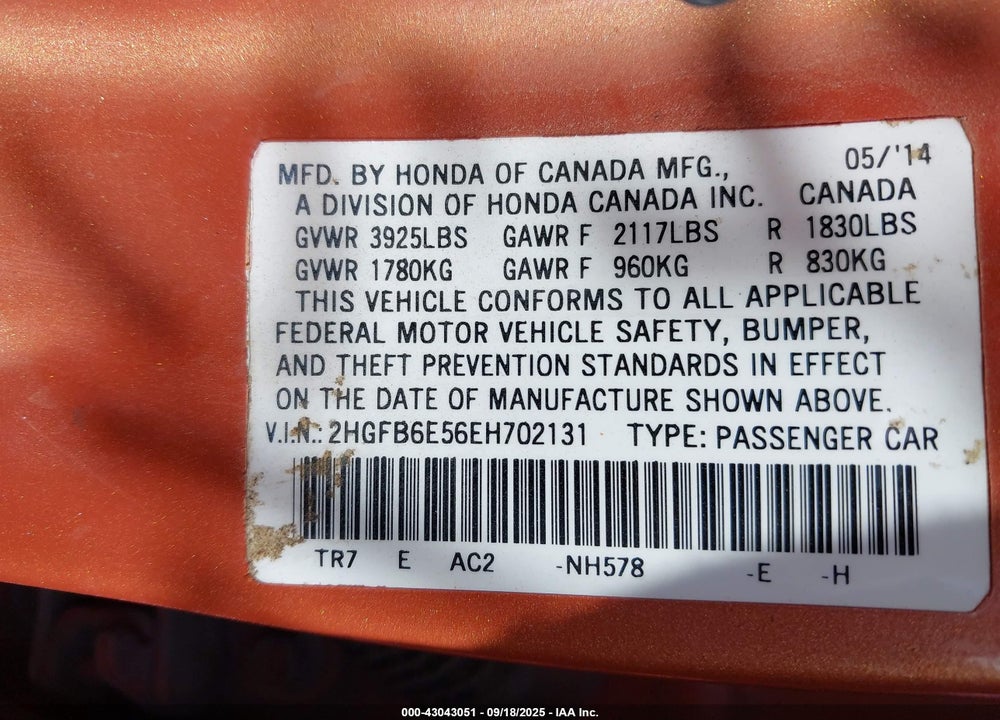 2014 HONDA CIVIC VIN: 2HGFB6E56EH702131