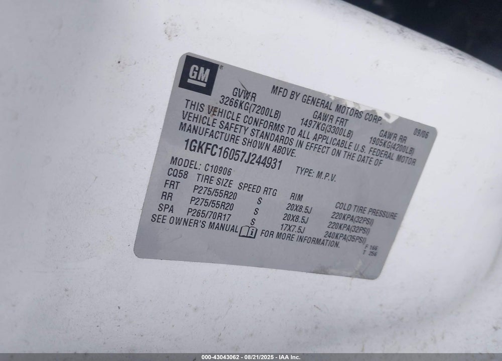 2007 GMC YUKON XL VIN: 1GKFC16057J244931