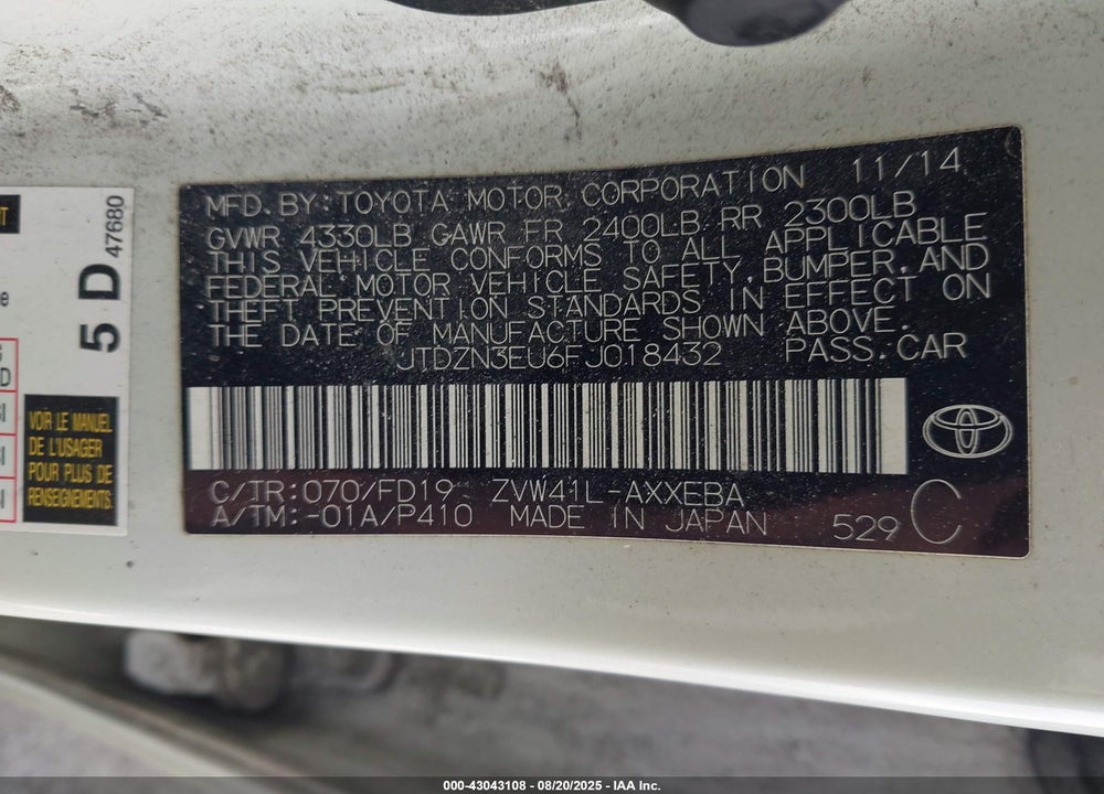 2015 TOYOTA PRIUS V VIN: JTDZN3EU6FJ018432