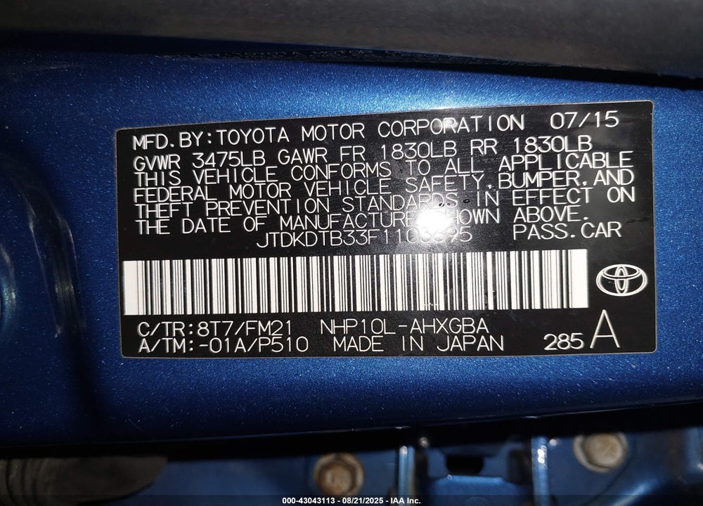 2015 TOYOTA PRIUS C VIN: JTDKDTB33F1103695