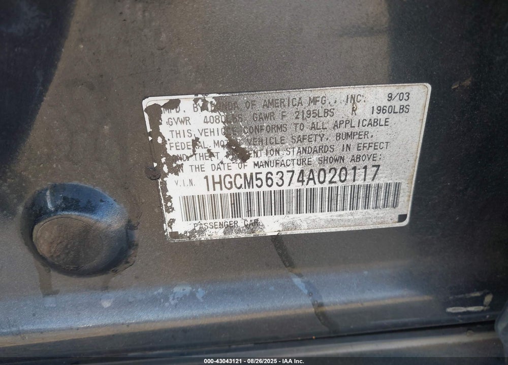 2004 HONDA ACCORD 2.4 LX VIN: 1HGCM56374A020117