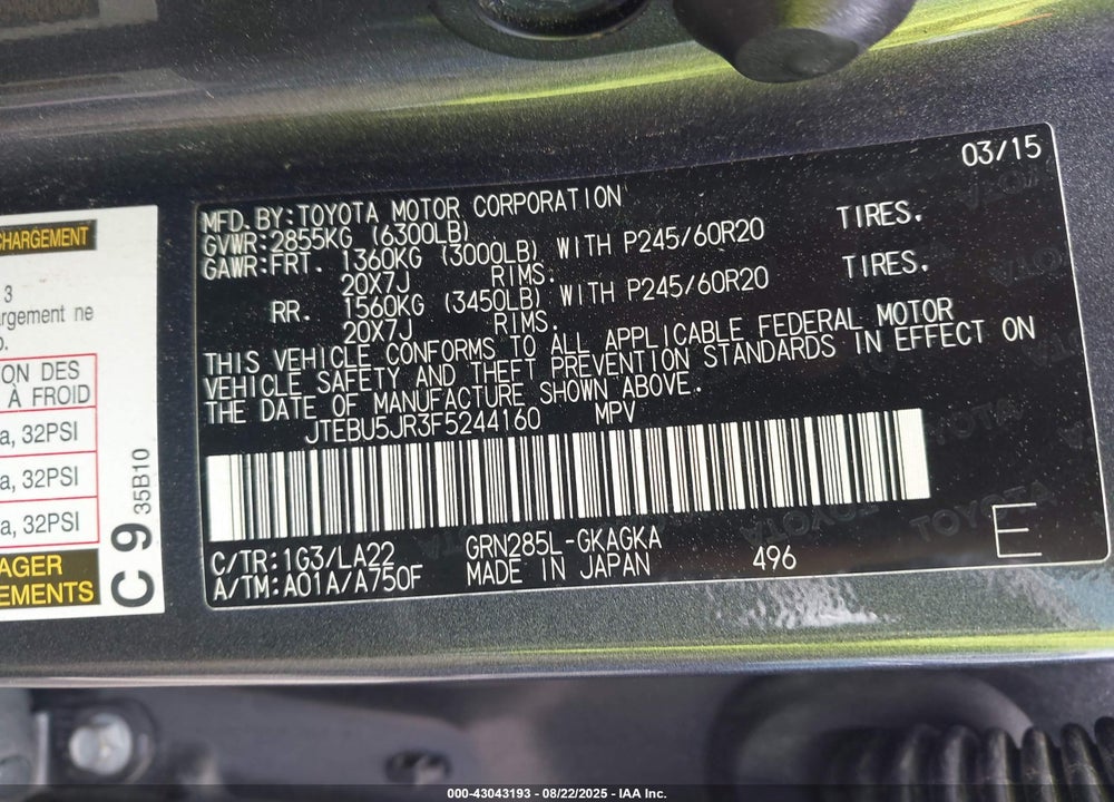 2015 TOYOTA 4RUNNER VIN: JTEBU5JR3F5244160