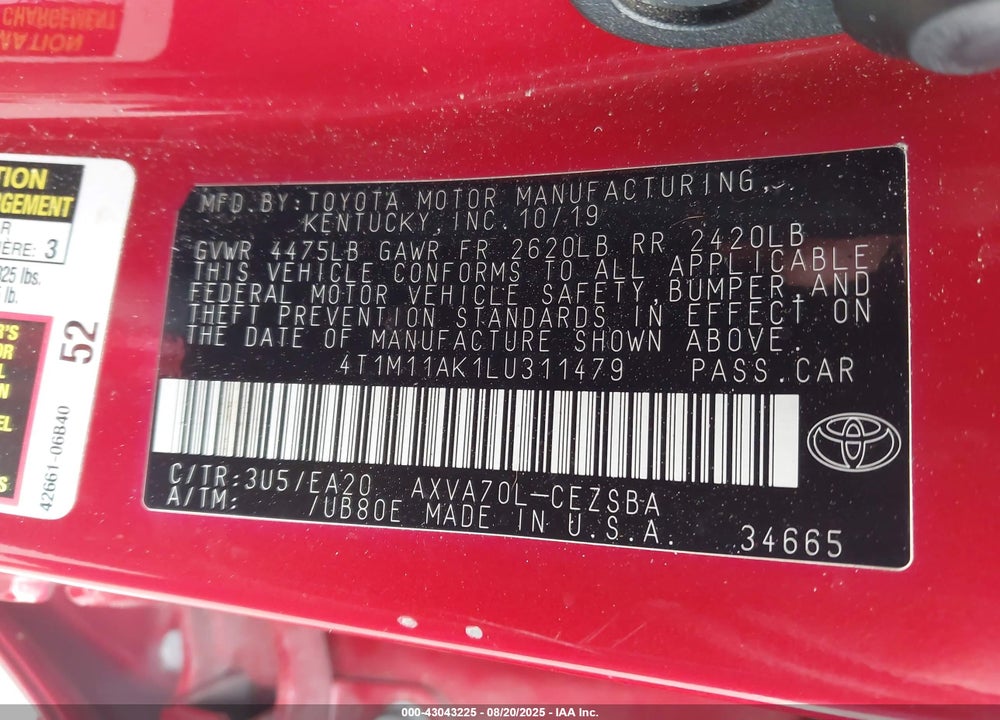 2020 TOYOTA CAMRY VIN: 4T1M11AK1LU311479