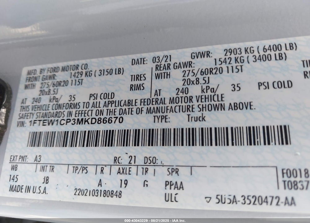 2021 FORD F-150 VIN: 1FTEW1CP3MKD86670