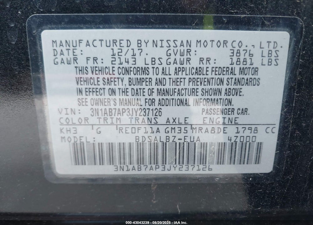 2018 NISSAN SENTRA VIN: 3N1AB7AP3JY237126