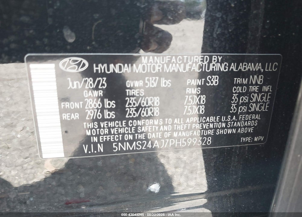2023 HYUNDAI SANTA FE SEL VIN: 5NMS24AJ7PH599328