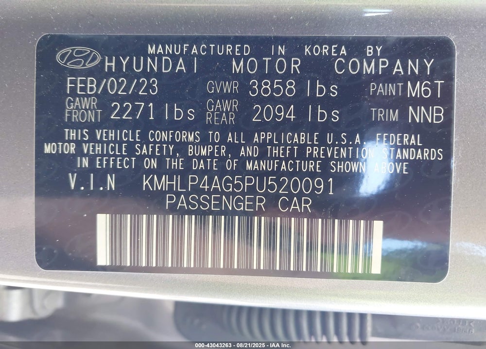 2023 HYUNDAI ELANTRA LIMITED VIN: KMHLP4AG5PU520091