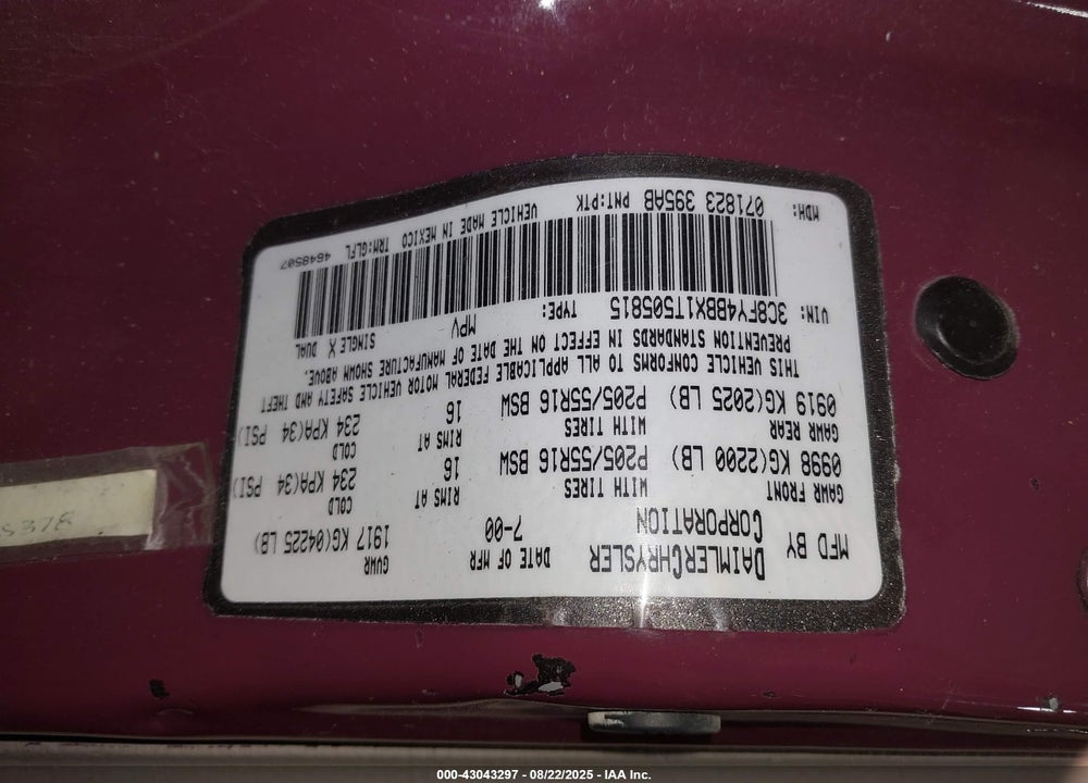 2001 CHRYSLER PT CRUISER VIN: 3C8FY4BBX1T505815