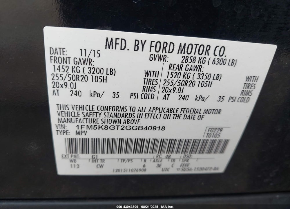 2016 FORD EXPLORER VIN: 1FM5K8GT2GGB40918