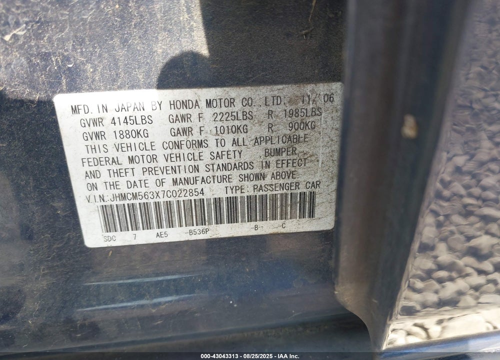 2007 HONDA ACCORD VIN: JHMCM563X7C022854