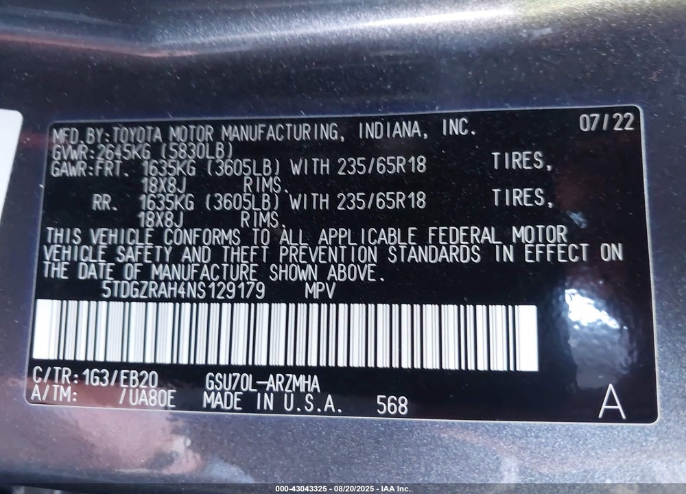 2022 TOYOTA HIGHLANDER VIN: 5TDGZRAH4NS129179