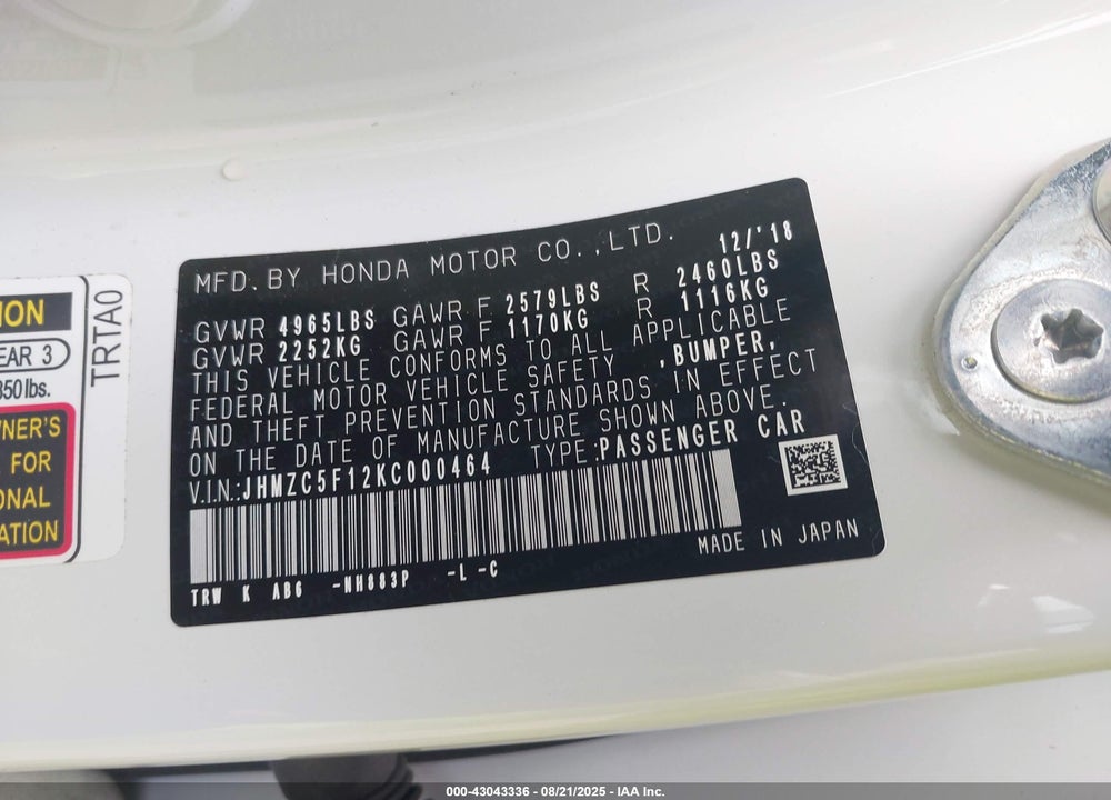 2019 HONDA CLARITY PLUG-IN HYBRID VIN: JHMZC5F12KC000464