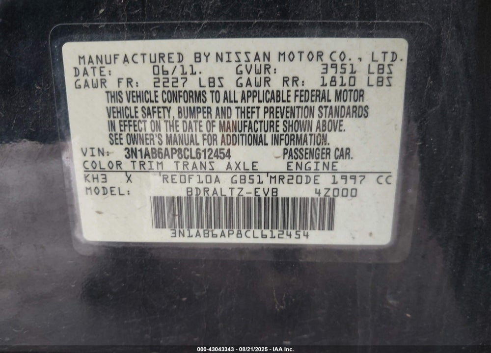 2012 NISSAN SENTRA VIN: 3N1AB6AP8CL612454