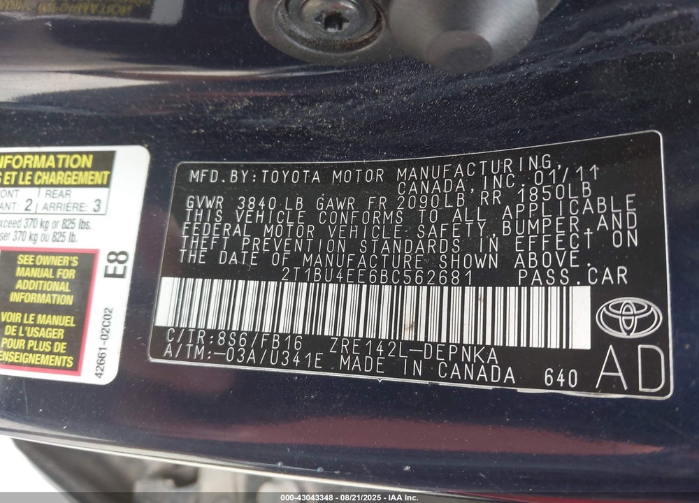 2011 TOYOTA COROLLA VIN: 2T1BU4EE6BC562681