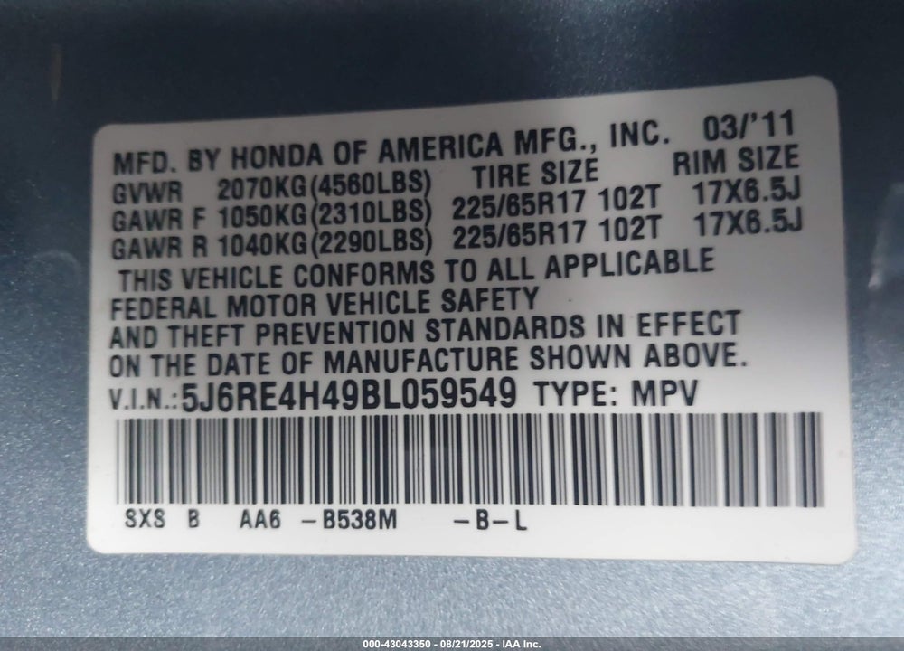 2011 HONDA CR-V SE VIN: 5J6RE4H49BL059549