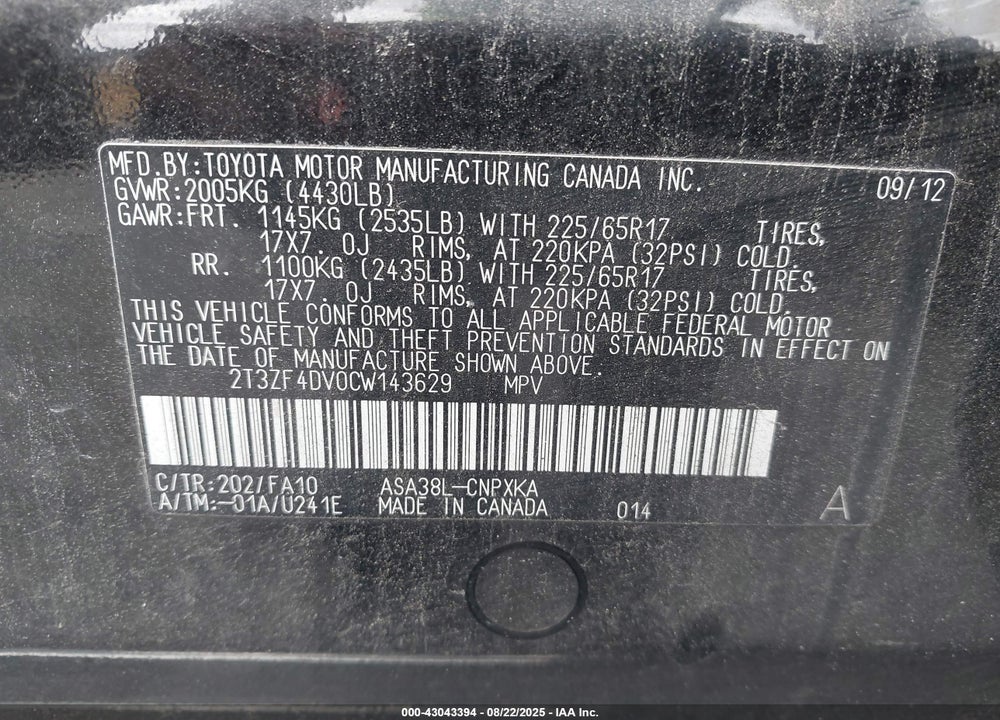 2012 TOYOTA RAV4 VIN: 2T3ZF4DV0CW143629