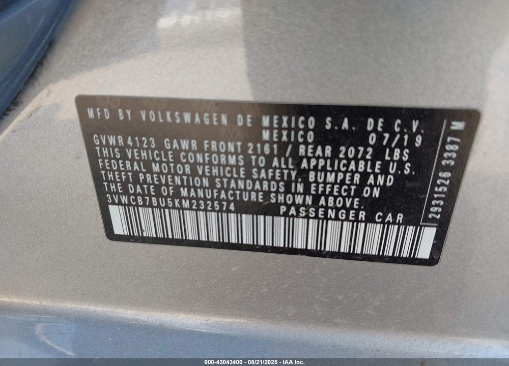 2019 VOLKSWAGEN JETTA 1.4T R-LINE/1.4T S/1.4T SE VIN: 3VWCB7BU5KM232574