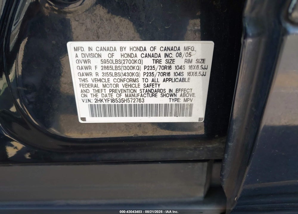 2005 HONDA PILOT VIN: 2HKYF18535H572763