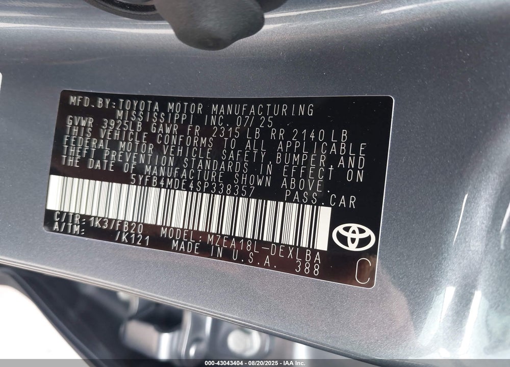 2025 TOYOTA COROLLA VIN: 5YFB4MDE4SP338357
