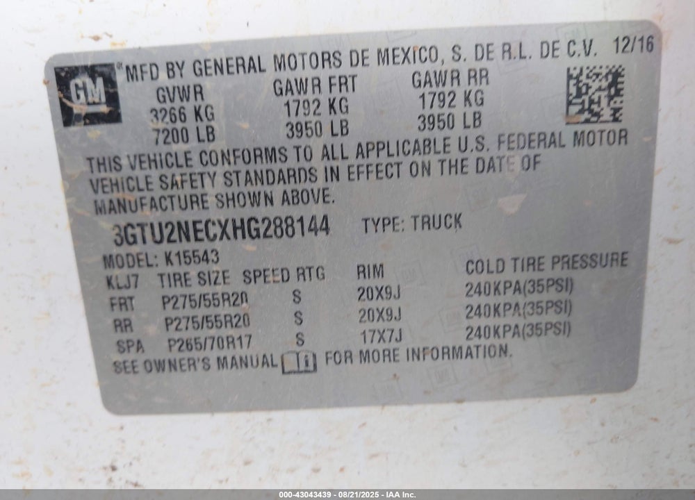 2017 GMC SIERRA 1500 VIN: 3GTU2NECXHG288144