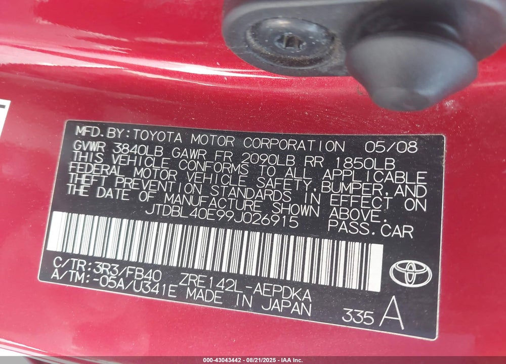 2009 TOYOTA COROLLA VIN: JTDBL40E99J026915