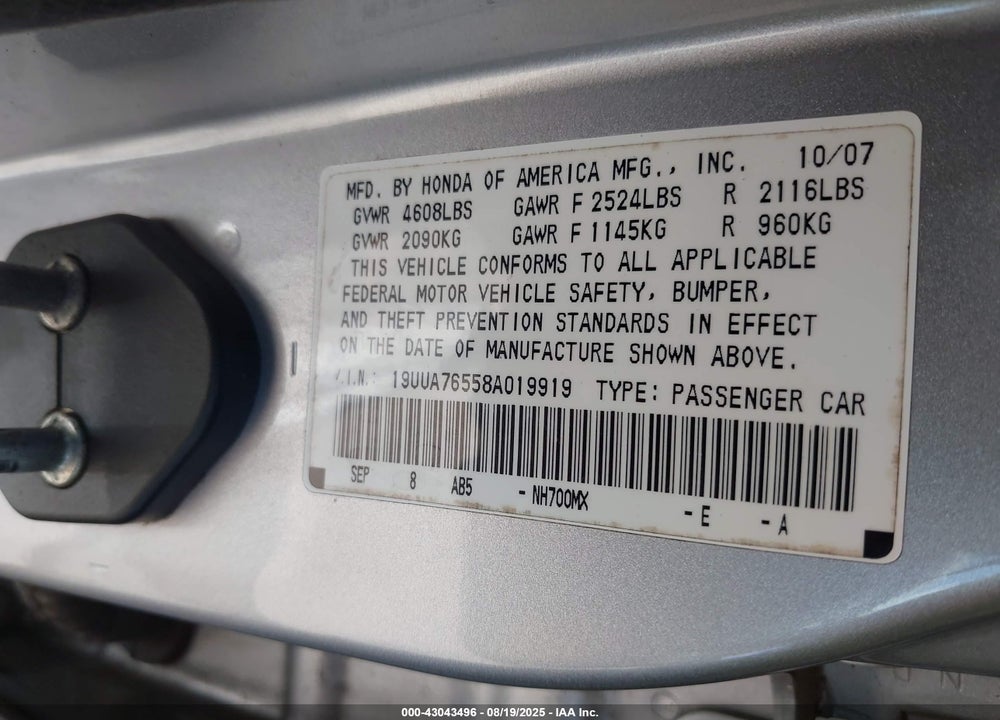 2008 ACURA TL TYPE S VIN: 19UUA76558A019919