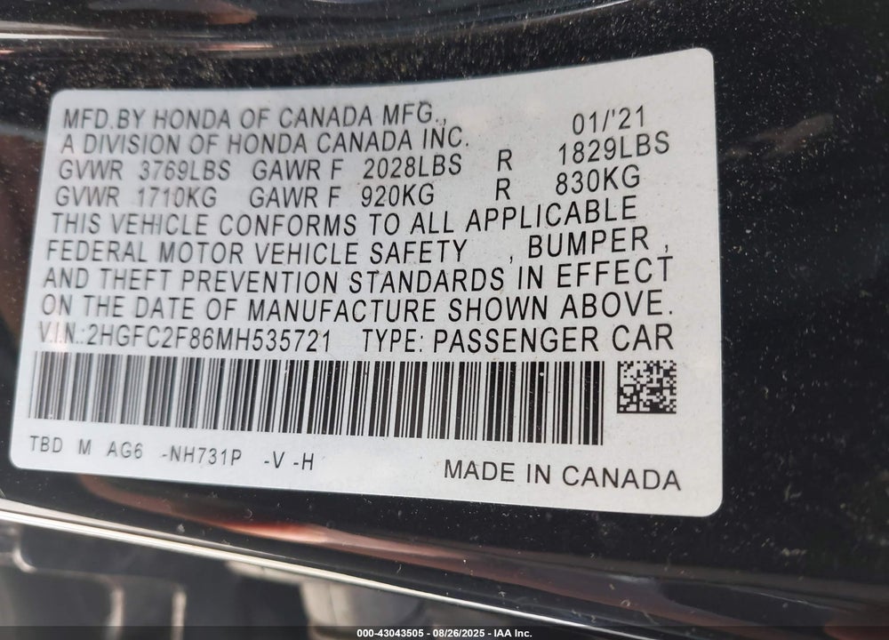 2021 HONDA CIVIC SPORT VIN: 2HGFC2F86MH535721