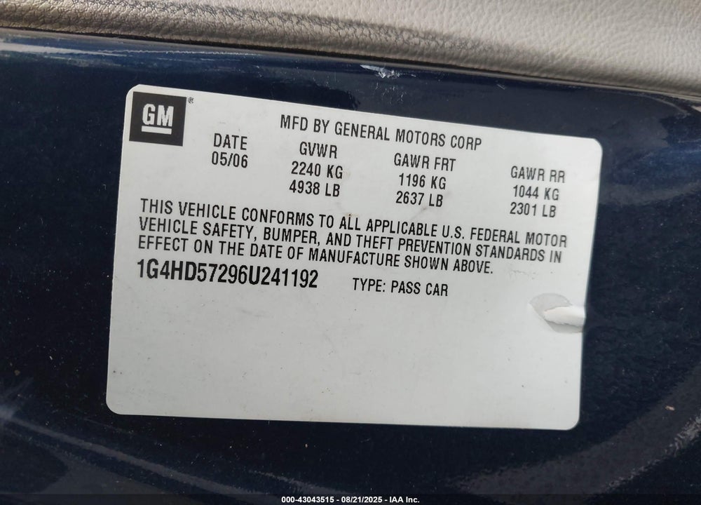 2006 BUICK LUCERNE CXL VIN: 1G4HD57296U241192
