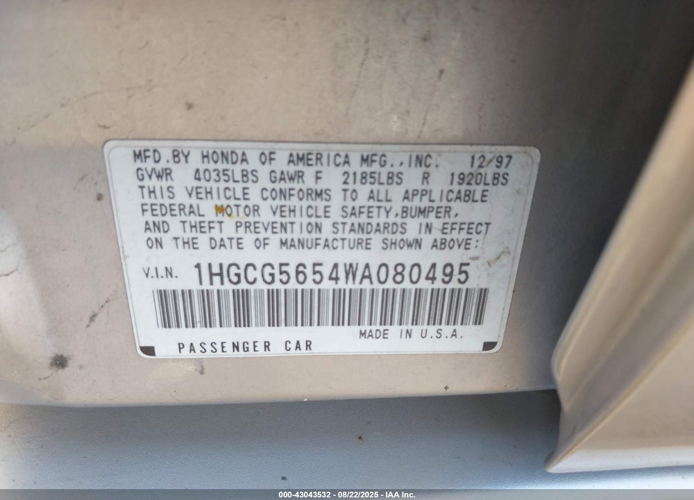 1998 HONDA ACCORD EX VIN: 1HGCG5654WA080495