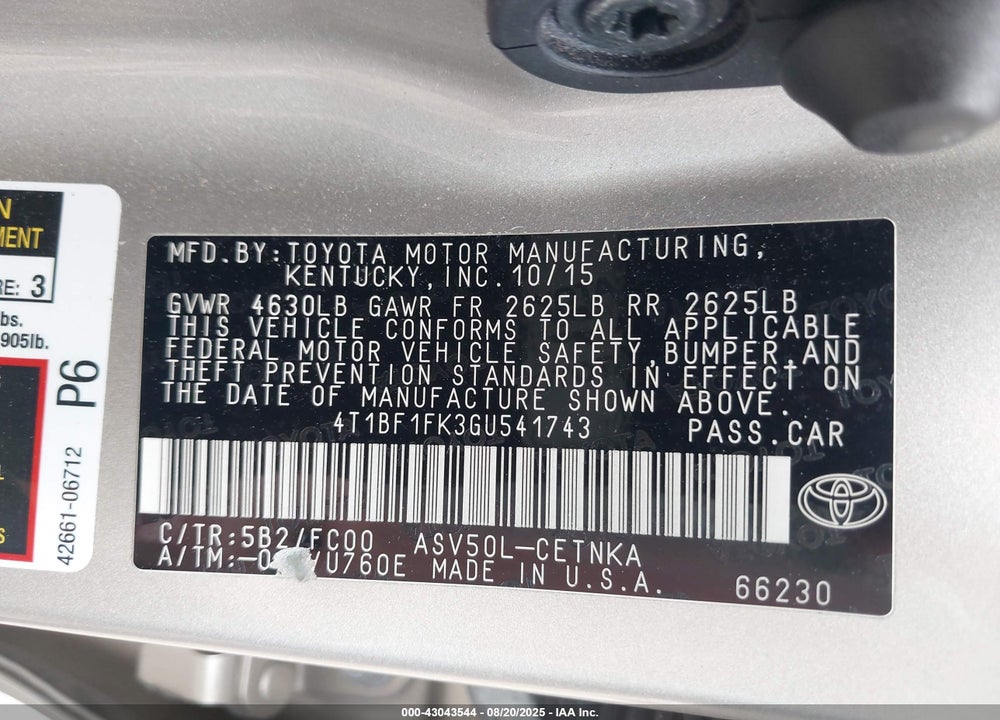 2016 TOYOTA CAMRY VIN: 4T1BF1FK3GU541743