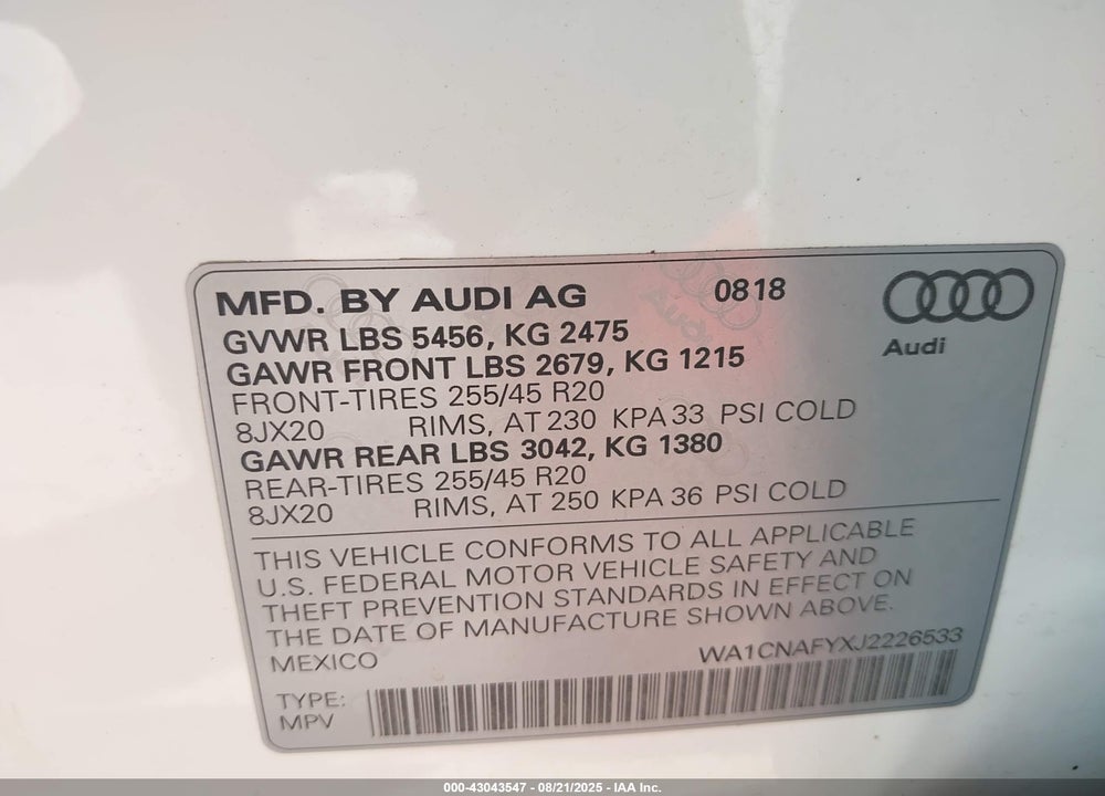 2018 AUDI Q5 VIN: WA1CNAFYXJ2226533