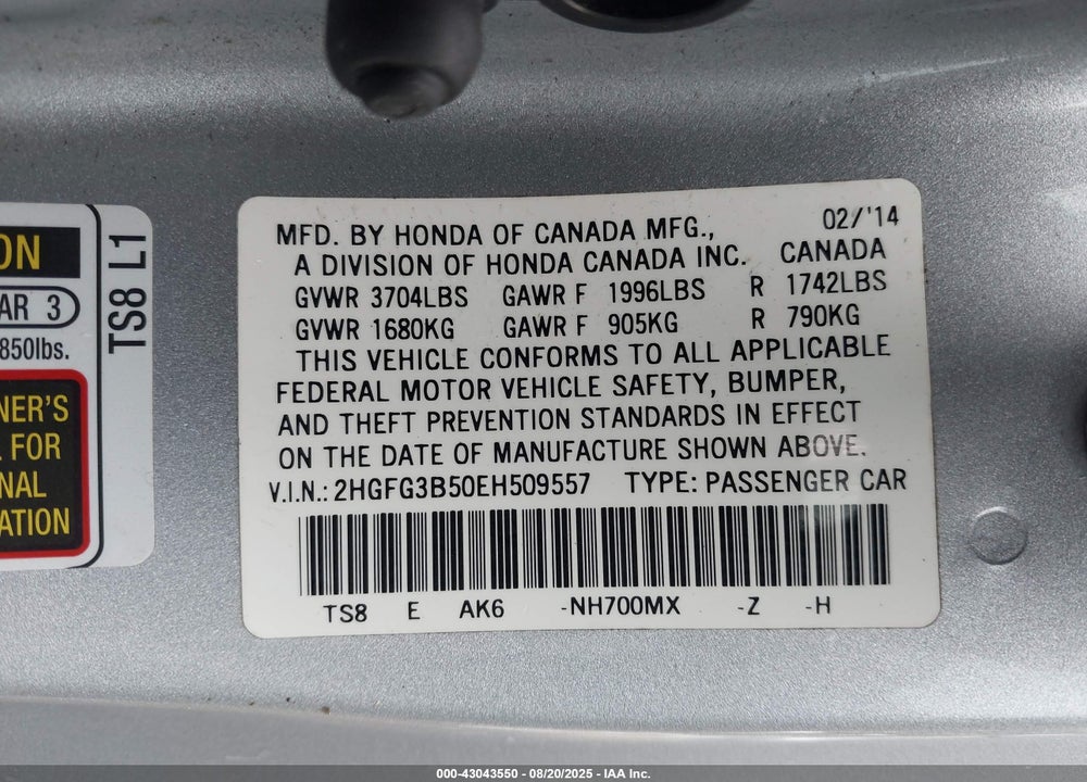 2014 HONDA CIVIC VIN: 2HGFG3B50EH509557