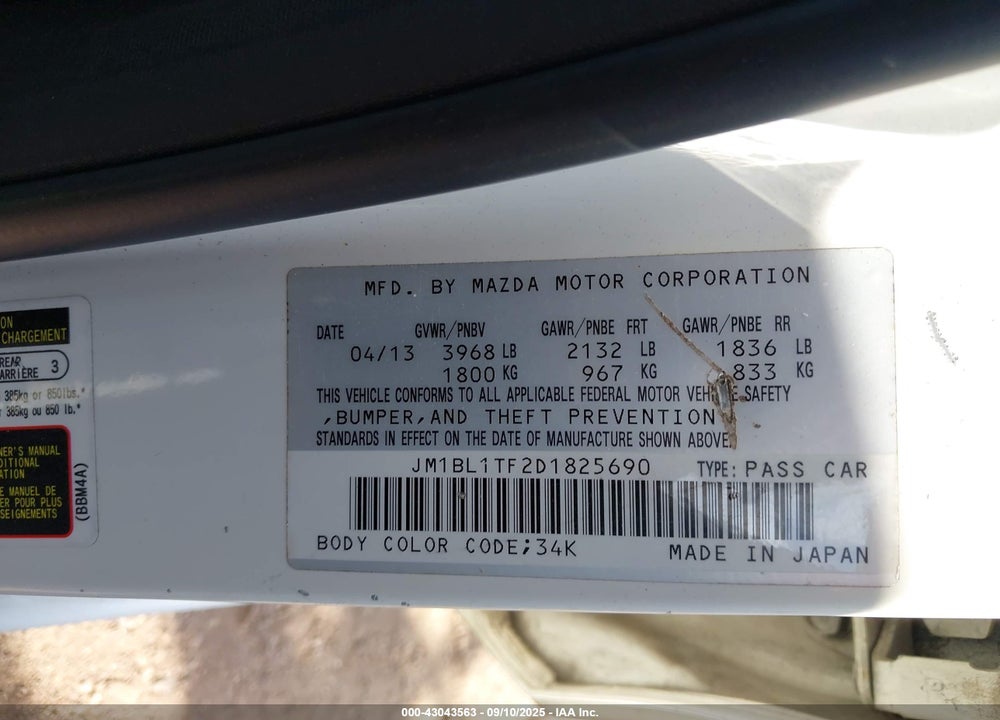 2013 MAZDA 3 VIN: JM1BL1TF2D1825690
