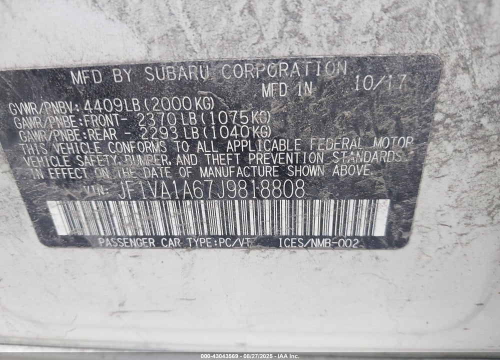 2018 SUBARU WRX VIN: JF1VA1A67J9818808