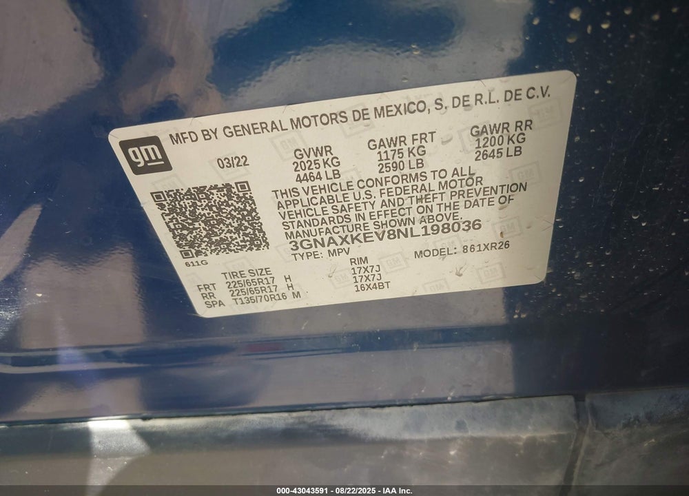 2022 CHEVROLET EQUINOX VIN: 3GNAXKEV8NL198036