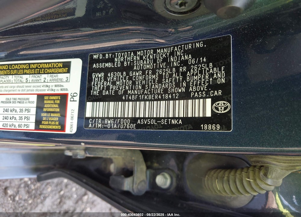 2014 TOYOTA CAMRY VIN: 4T4BF1FK8ER418412