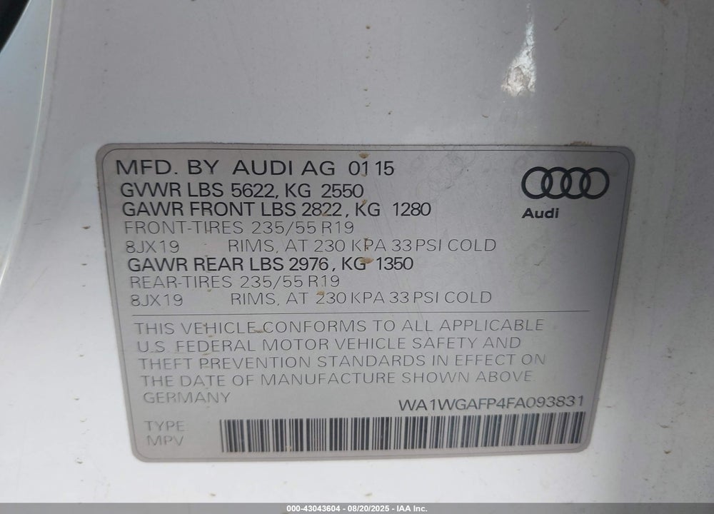 2015 AUDI Q5 3.0T PREMIUM PLUS VIN: WA1WGAFP4FA093831