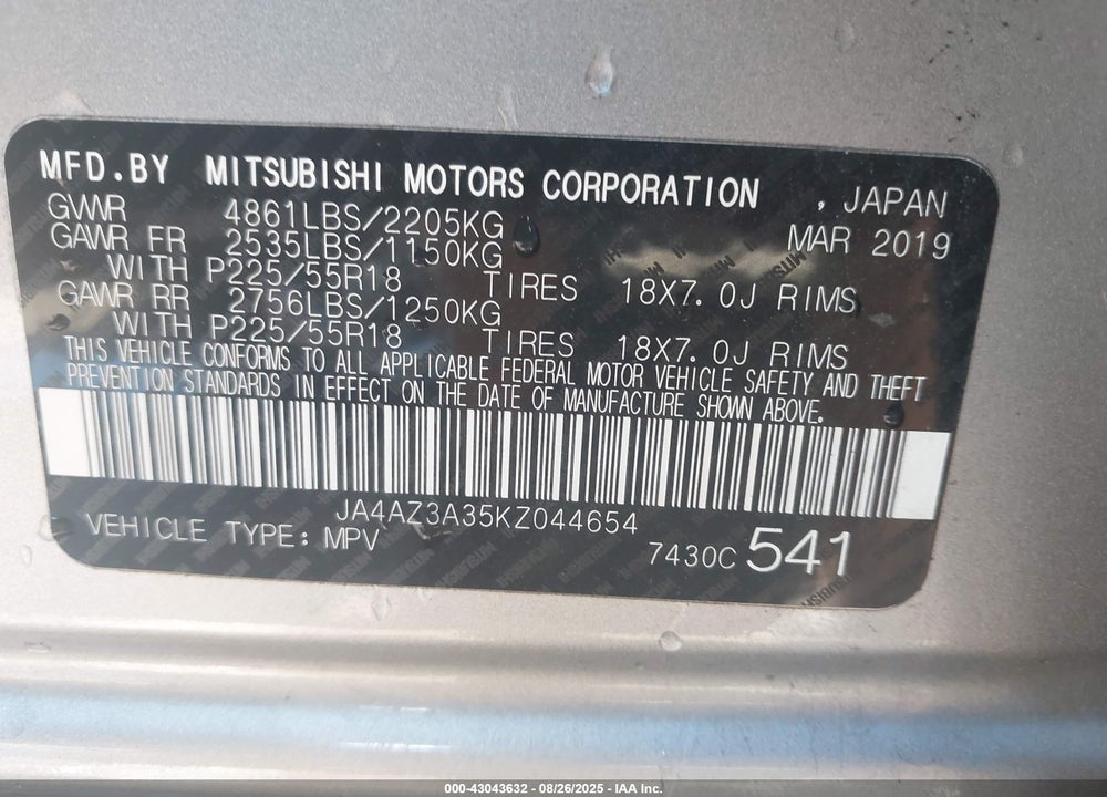 2019 MITSUBISHI OUTLANDER VIN: JA4AZ3A35KZ044654